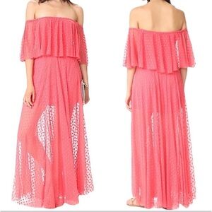 Likely Revolve Blaine Pink Off Shoulder Maxi Dress floral mesh detail 6 sheer